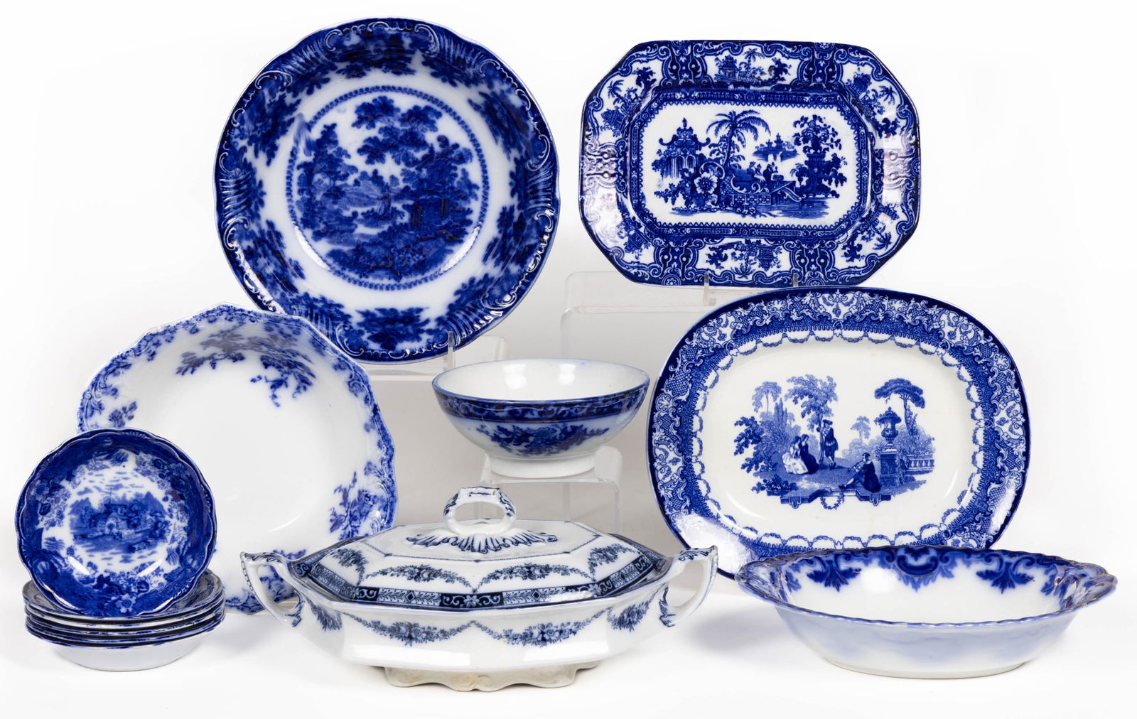 ENGLISH FLOW BLUE TRANSFER-PRINTED CERAMIC TABLE ARTICLES, LOT OF 13 (1 of 1)