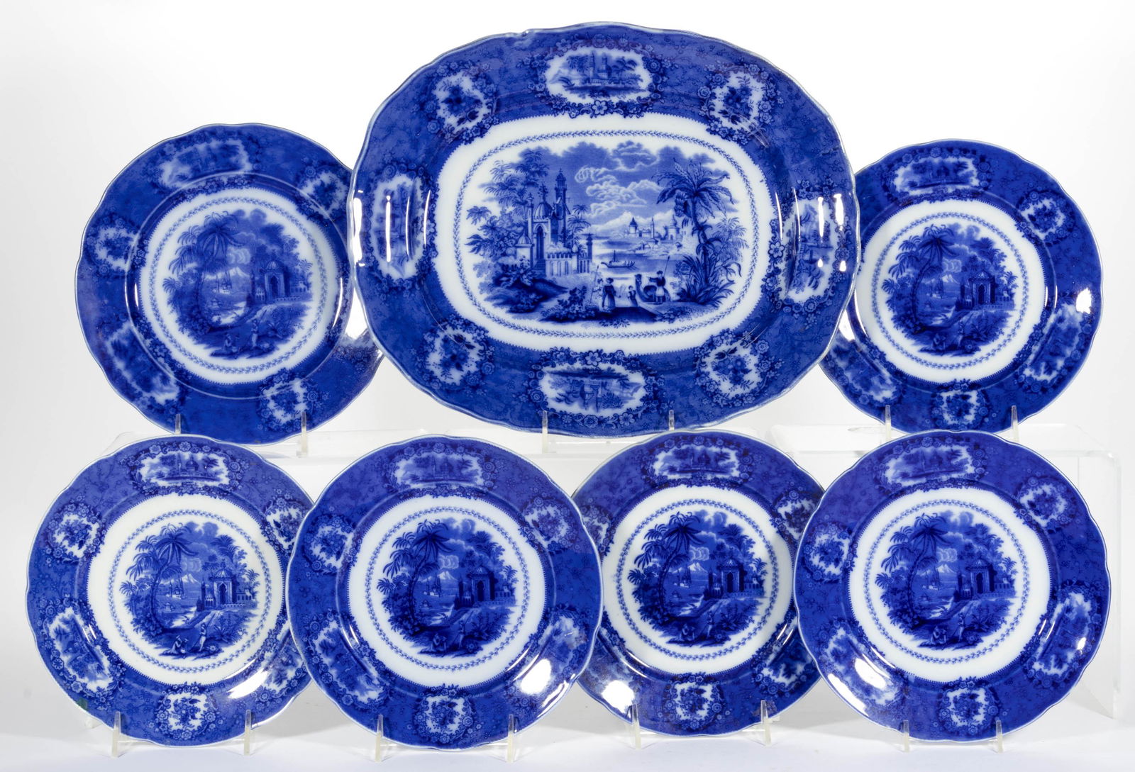 ENGLISH FLOW BLUE "ORIENTAL" TRANSFER-PRINTED CERAMIC TABLE ARTICLES, LOT OF SEVEN (1 of 1)