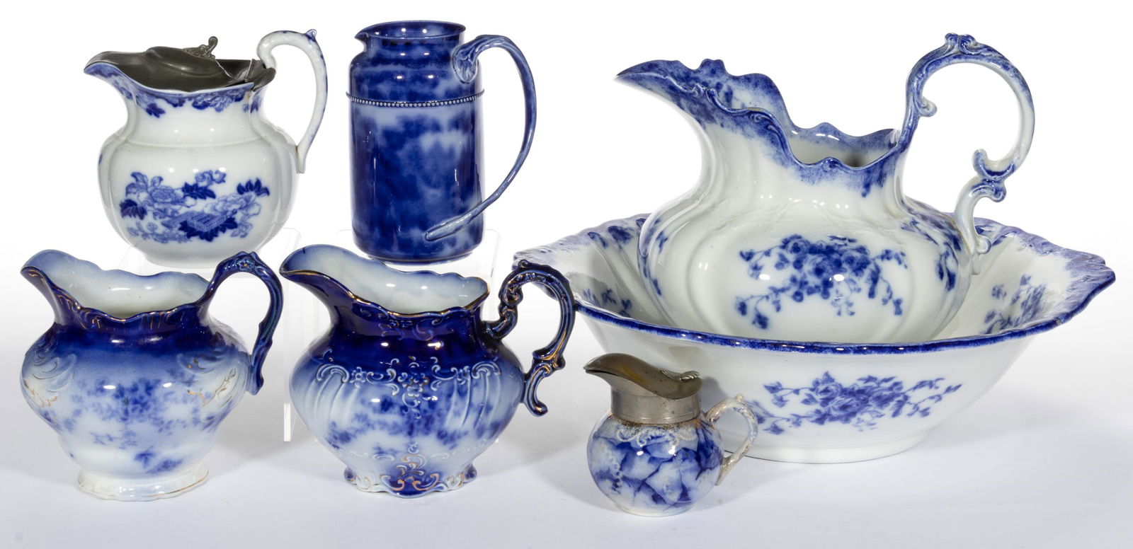 AMERICAN / ENGLISH FLOW BLUE CERAMIC ARTICLES, LOT OF SEVEN (1 of 1)