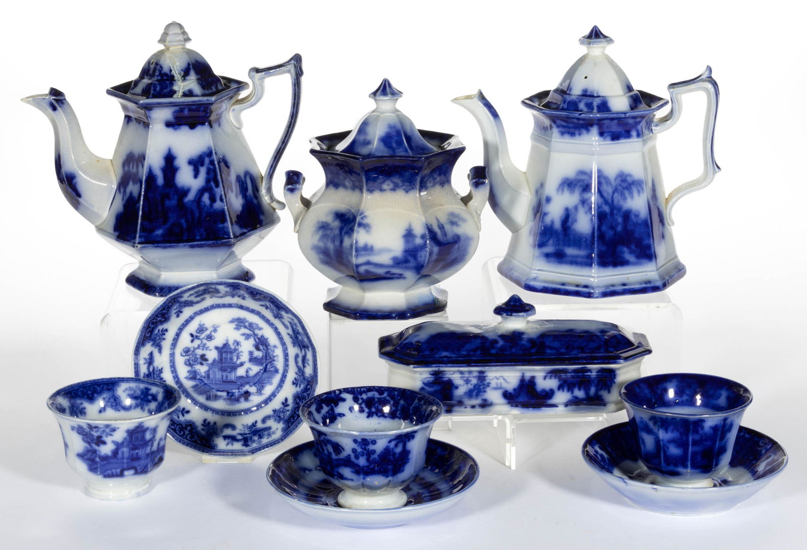 ENGLISH FLOW BLUE TRANSFER-PRINTED CERAMIC ARTICLES, LOT OF TEN (1 of 1)