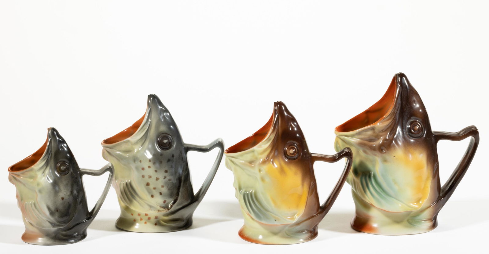GERMAN ROYAL BAYREUTH FIGURAL FISH HEAD PORCELAIN PITCHERS, LOT OF FOUR (1 of 1)