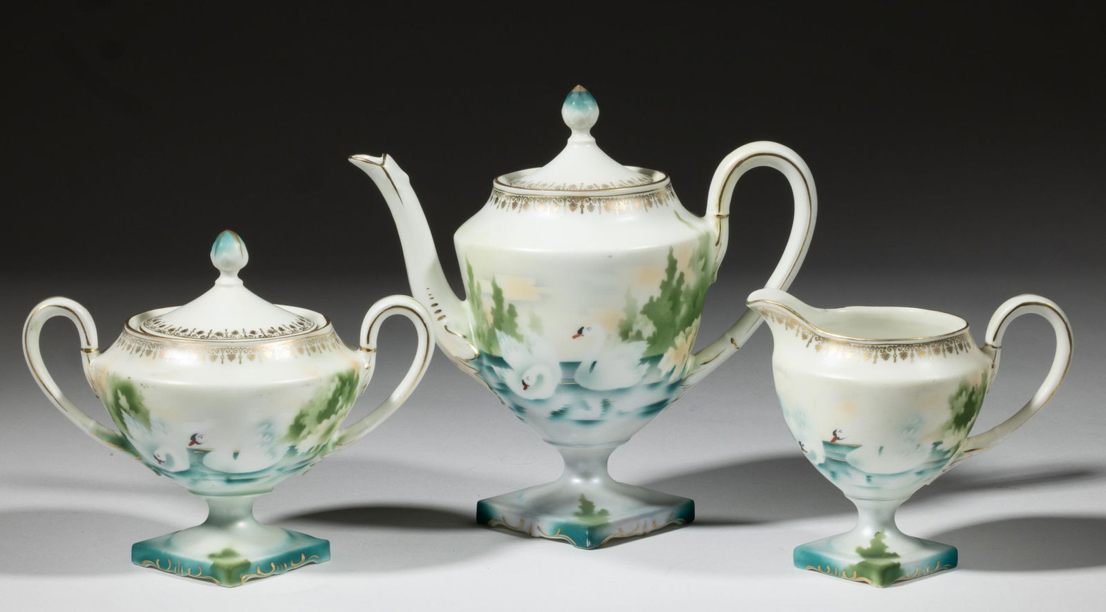 R.S. PRUSSIA PORCELAIN SWAN MOTIF THREE-PIECE TEA SET (1 of 1)