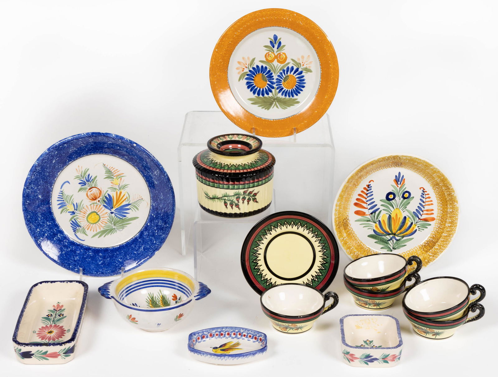 FRENCH HENRIOT QUIMPER HAND-PAINTED FLORAL MOTIF FAIENCE CERAMIC ARTICLES, LOT OF 14 (1 of 1)