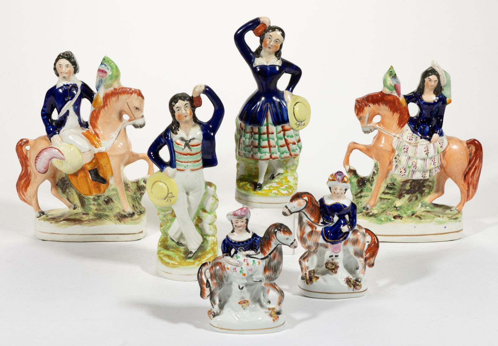 ENGLISH STAFFORDSHIRE HAND-PAINTED CERAMIC FIGURAL PAIRS, LOT OF THREE (1 of 7)