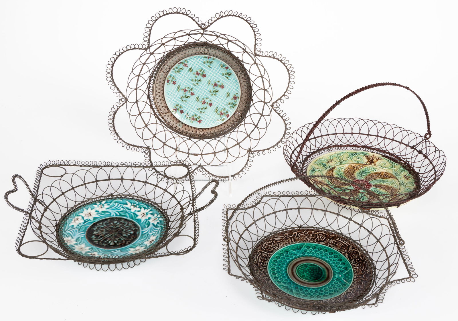 MAJOLICA CERAMIC PLATE WIRE-FRAMED BASKETS, LOT OF FOUR (1 of 1)