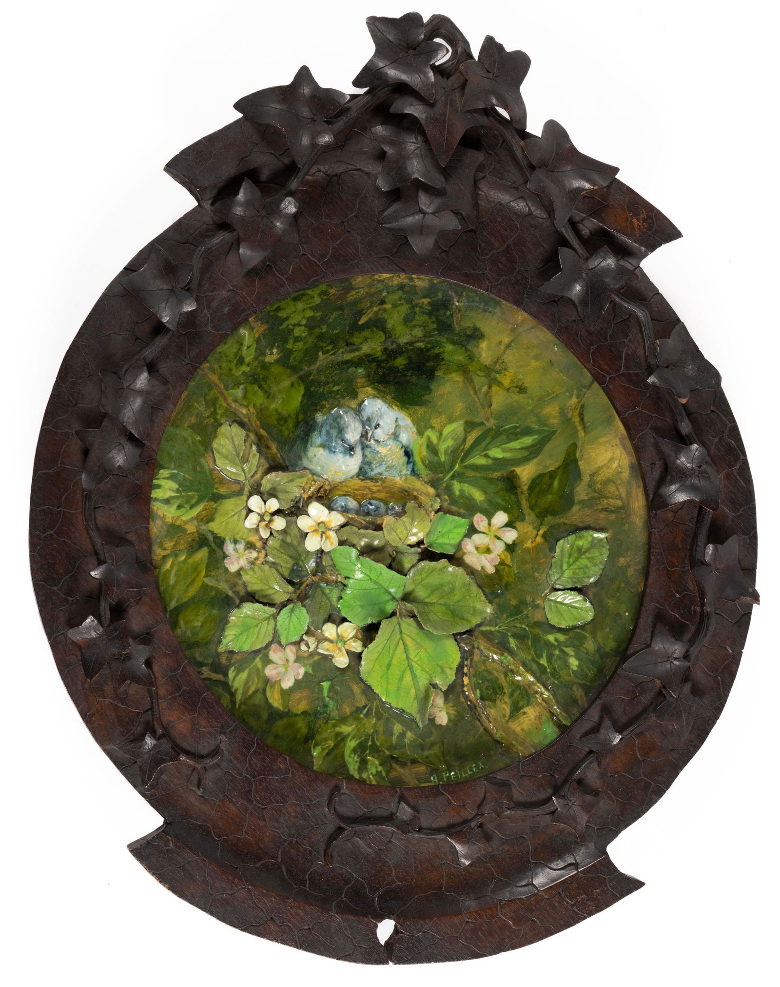 SWISS SIGNED "A. PEILLEX" FRAMED MAJOLICA EARTHENWARE PLAQUE: SWISS SIGNED "A. PEILLEX" FRAMED MAJOLICA EARTHENWARE PLAQUE, featuring charming relief image of two bluebirds overlooking their egg-filled nest nestled on a leafy, flowered branch, artist signed to l