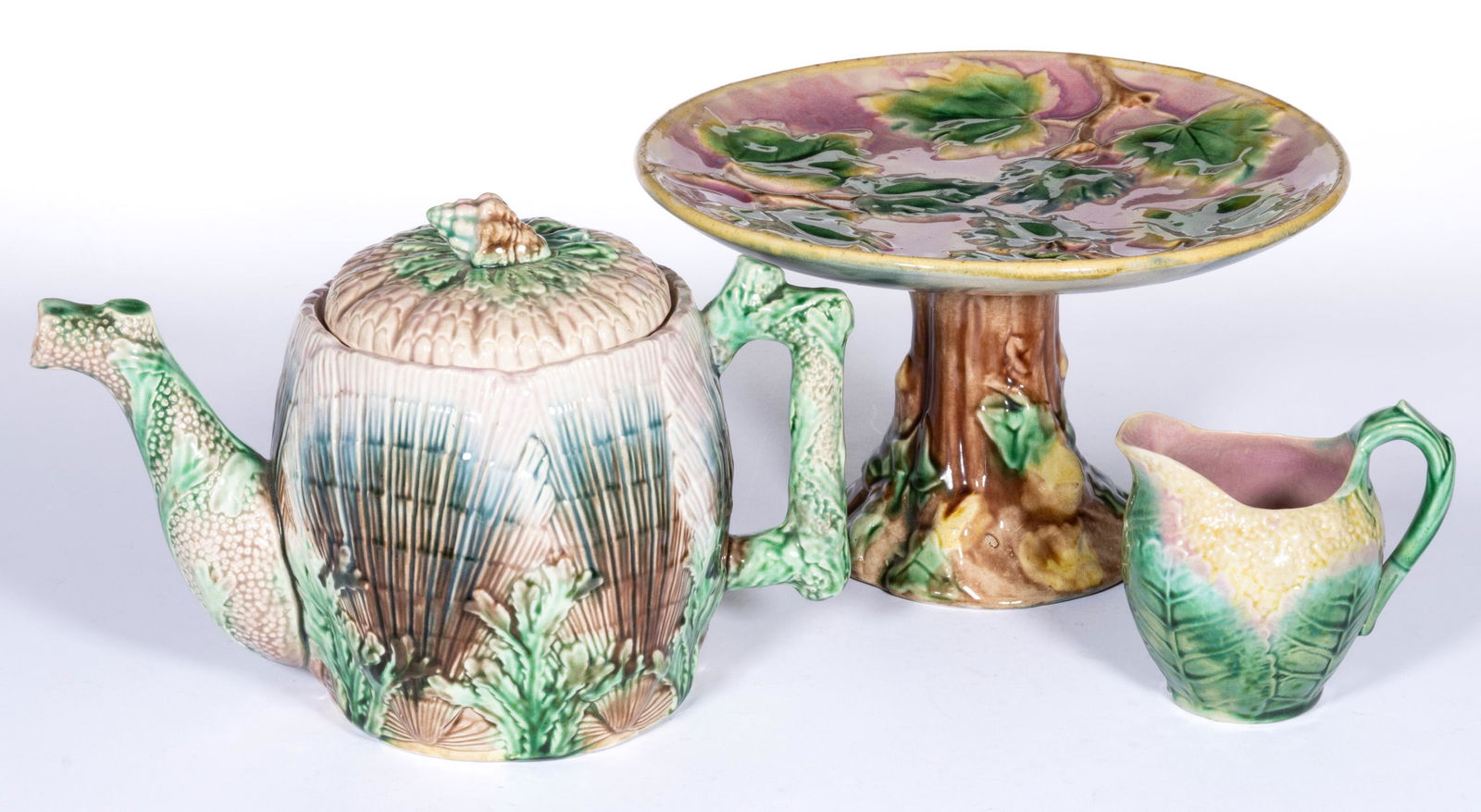 AMERICAN MAJOLICA CERAMIC TEA AND TABLE ARTICLES, LOT OF THREE (1 of 2)