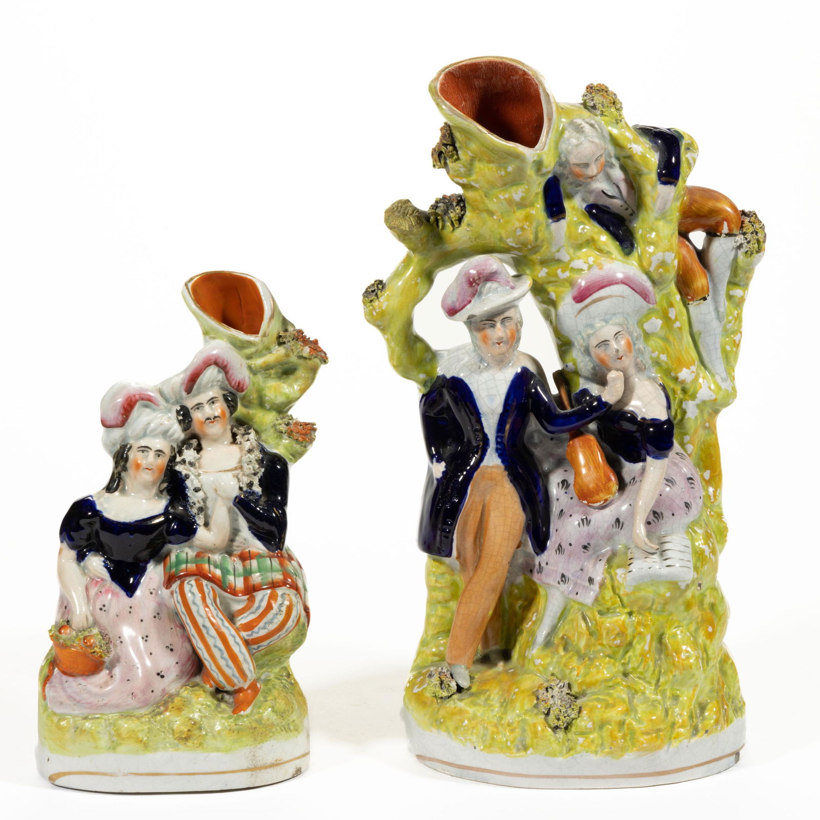 ENGLISH STAFFORDSHIRE HAND-PAINTED CERAMIC SPILL VASE FIGURAL GROUPS, LOT OF TWO, (1 of 3)