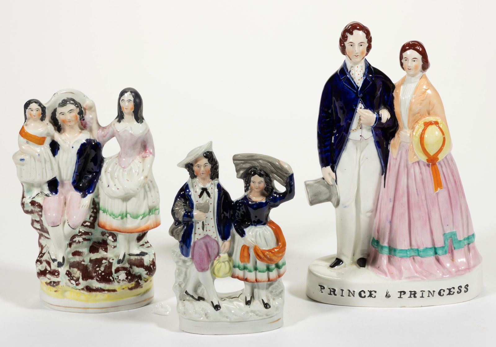 ENGLISH STAFFORDSHIRE HAND-PAINTED CERAMIC FIGURAL GROUPS, LOT OF THREE (1 of 3)