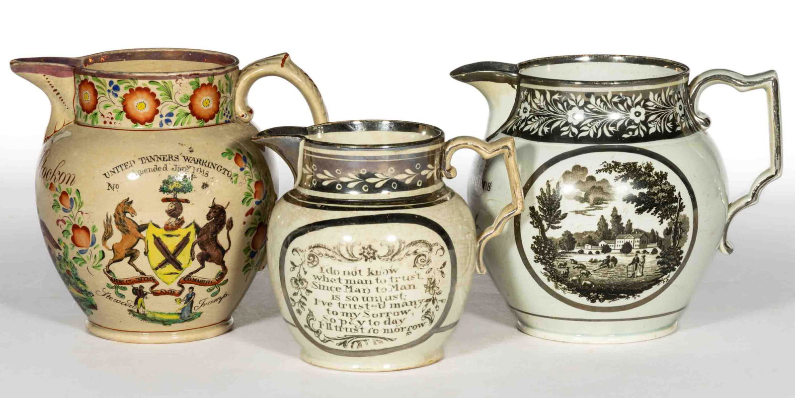 ENGLISH LUSTRE CERAMIC JUGS / PITCHERS, LOT OF THREE (1 of 4)