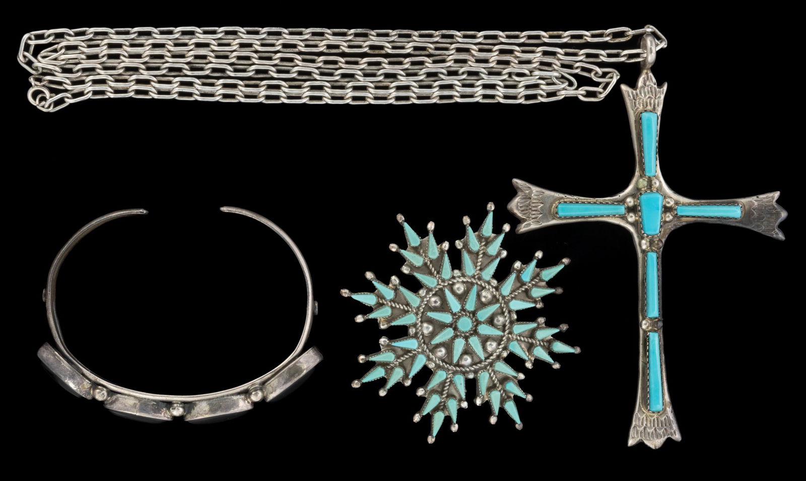 NAVAJO AND ZUNI NATIVE AMERICAN SILVER AND STONE JEWELRY, LOT OF THREE (1 of 3)