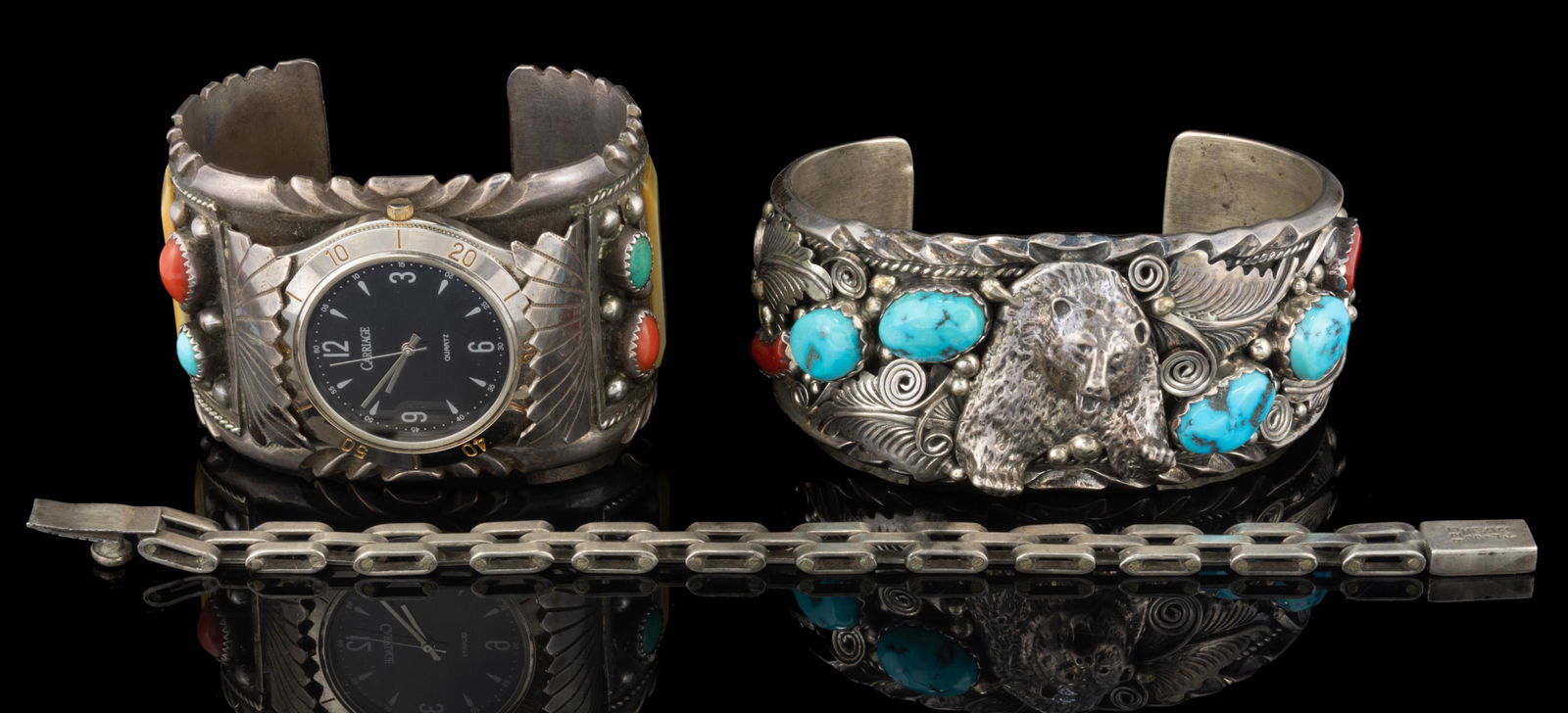 NATIVE AMERICAN / SOUTHWESTERN-STYLE SILVER-TYPE AND MEXICAN STERLING SILVER BRACELETS, LOT OF THREE (1 of 3)