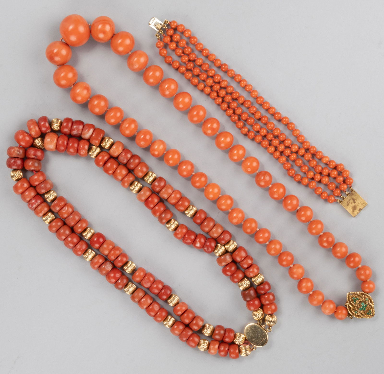 VINTAGE 14K YELLOW GOLD-CLASPED CORAL / CORAL-TYPE BEADED JEWELRY, LOT OF THREE (1 of 1)