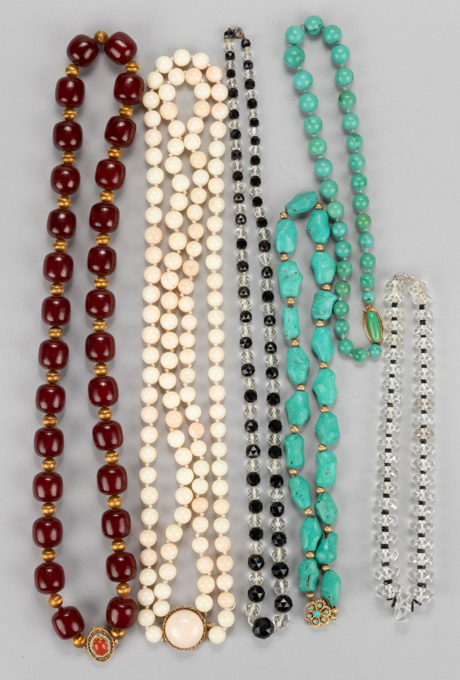 VINTAGE / CONTEMPORARY 14K / 18K GOLD-CLASPED STONE AND OTHER-BEADED NECKLACES, LOT OF SIX (1 of 1)