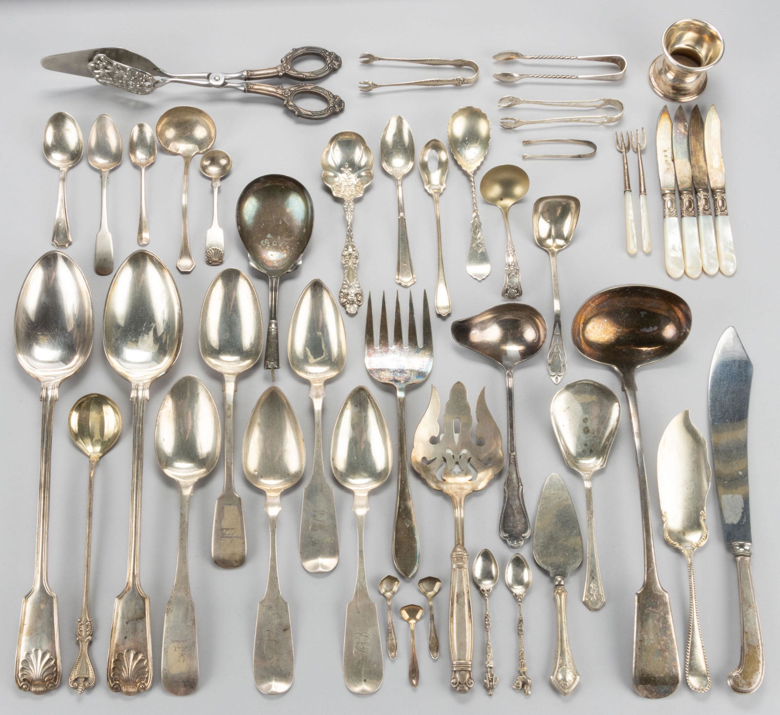 ASSORTED STERLING, SILVER-PLATED, AND OTHER SILVER ARTICLES, LOT OF 45 (1 of 3)