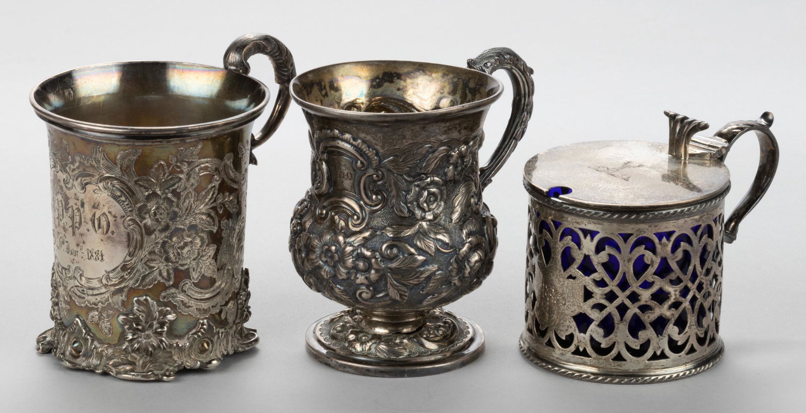 ENGLISH GEORGIAN AND VICTORIAN STERLING SILVER MUGS AND MUSTARD POT, LOT OF THREE (1 of 2)