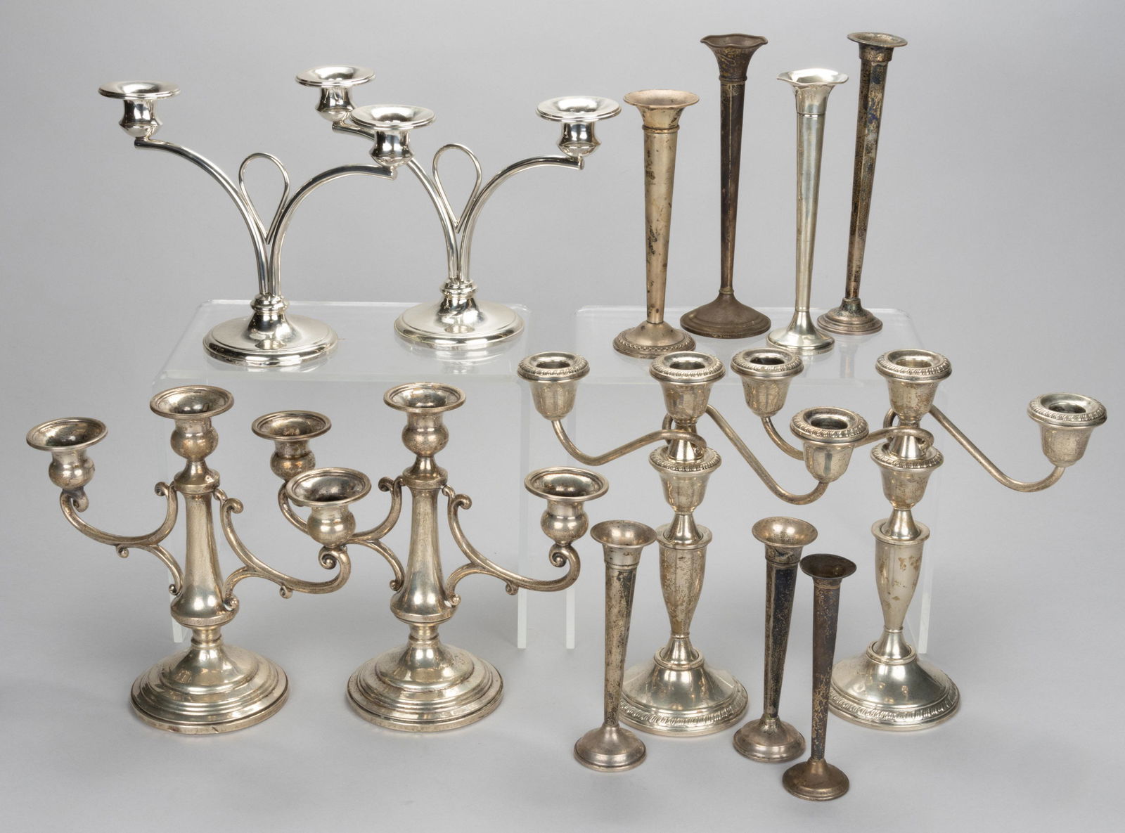 ASSORTED AMERICAN WEIGHTED STERLING SILVER CANDELABRA AND BUD VASES, LOT OF 13 (1 of 1)