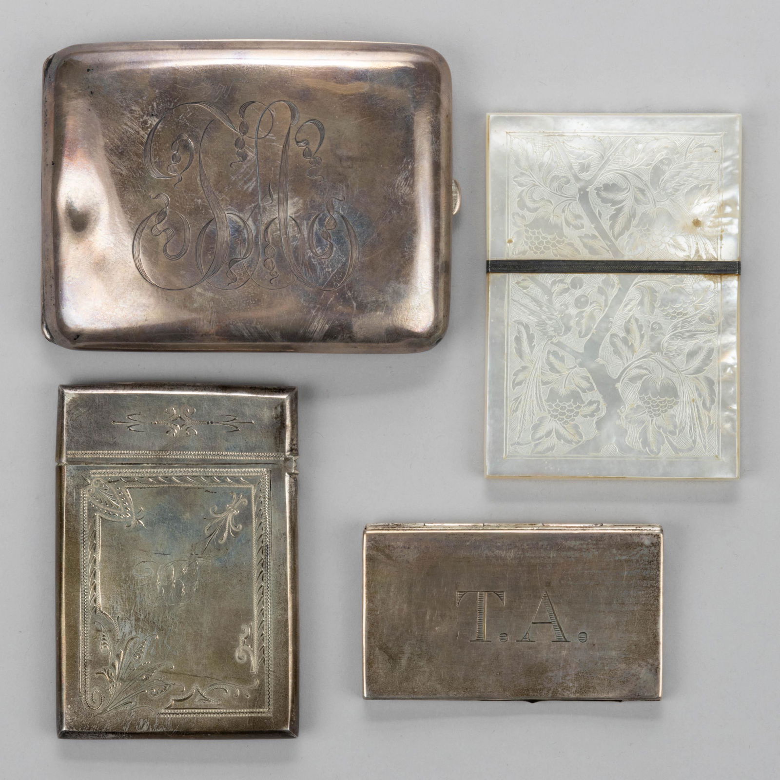 ANTIQUE / VINTAGE ASSORTED STERLING SILVER AND MOTHER-OF-PEARL CASES, LOT OF FOUR (1 of 2)