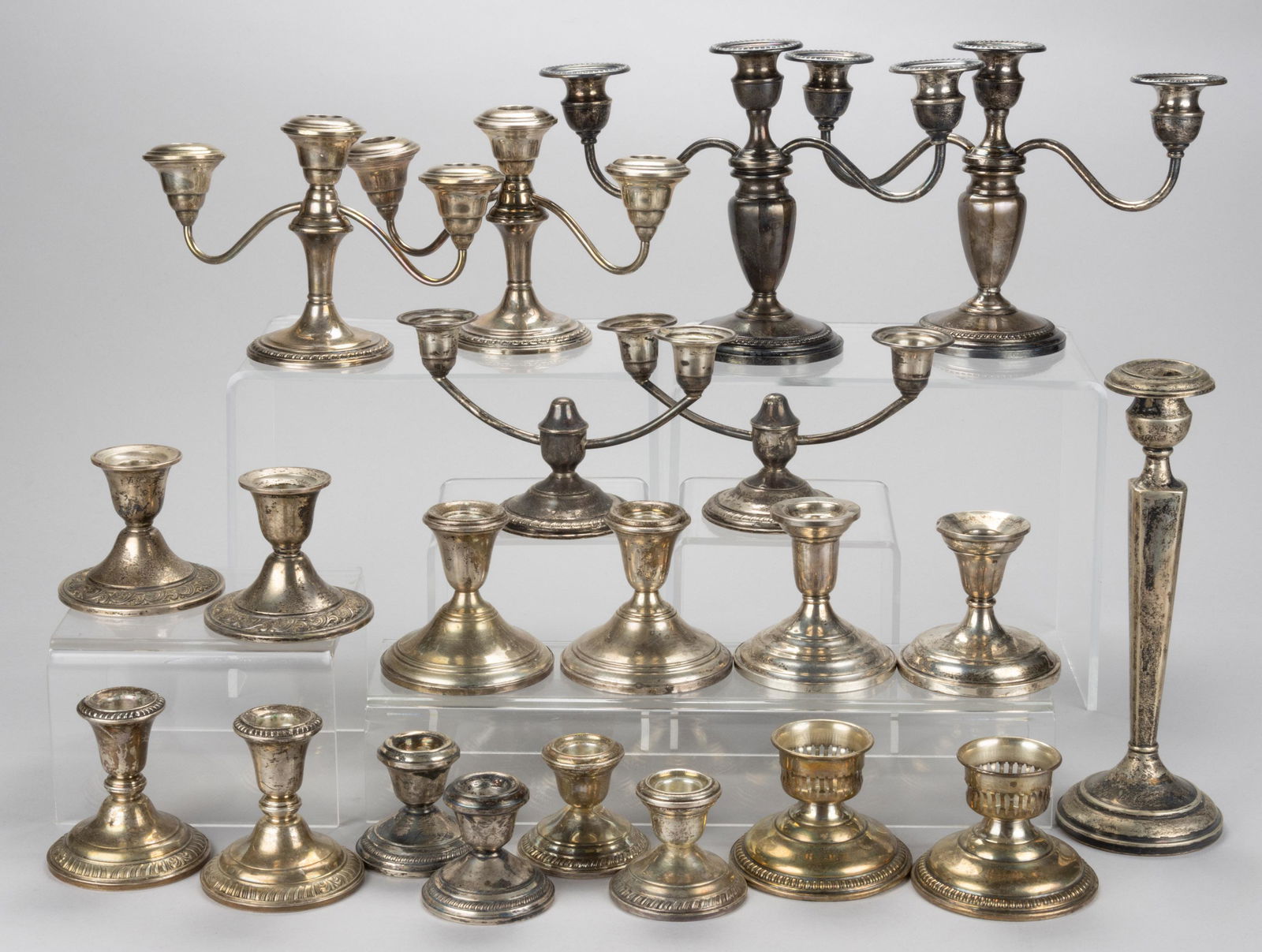 ALVIN AND OTHER WEIGHTED STERLING SILVER CANDLE HOLDERS AND CANDELABRA, LOT OF 21 (1 of 1)