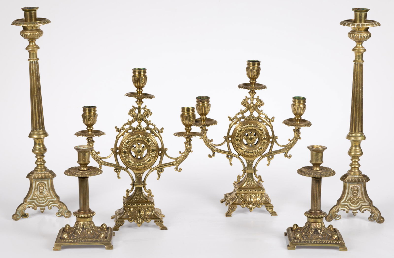 ASSORTED BRASS CANDLESTICKS / CANDELABRA, LOT OF SIX (1 of 3)