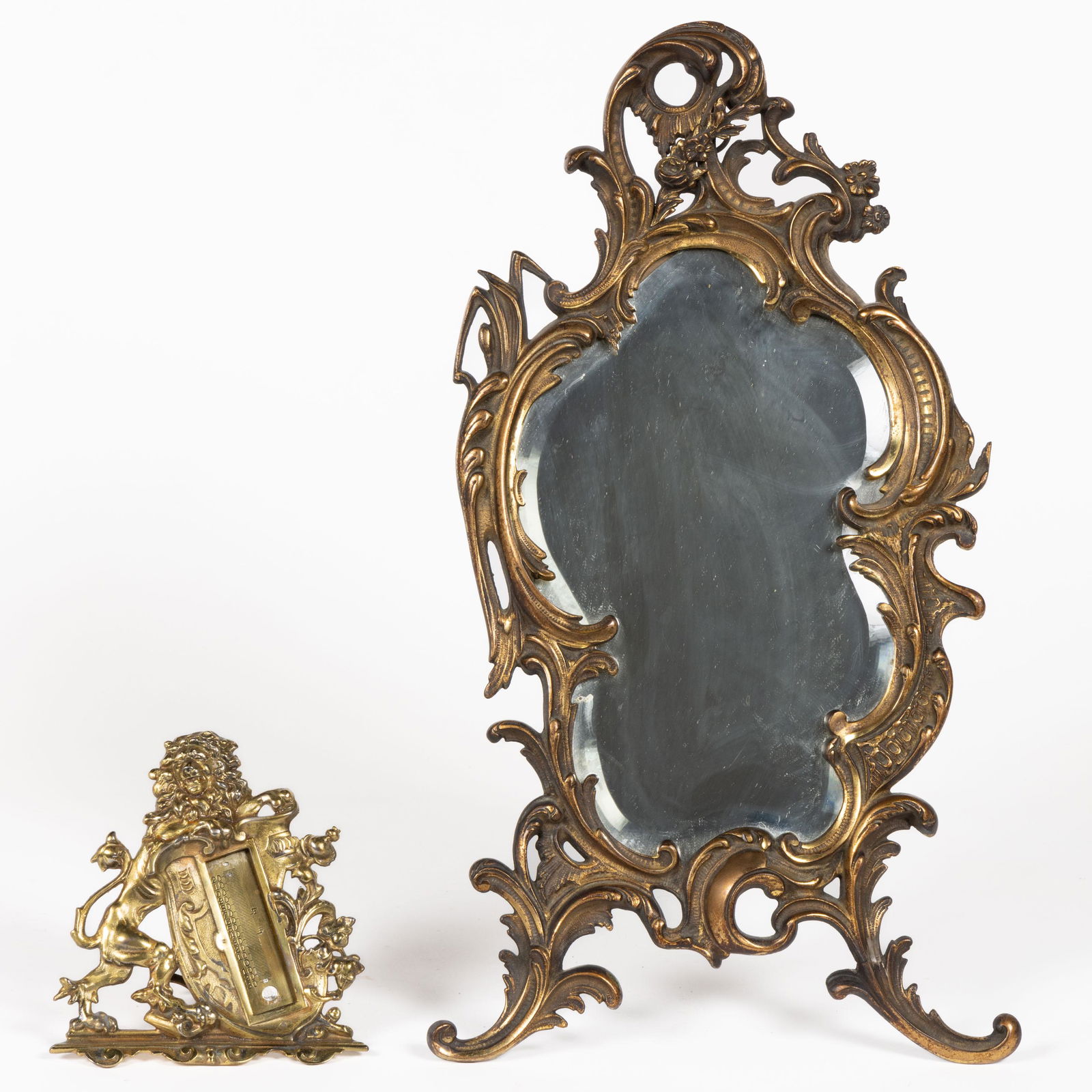 BRADLEY & HUBBARD BRASS THERMOMETER / MIRROR, LOT OF TWO (1 of 4)