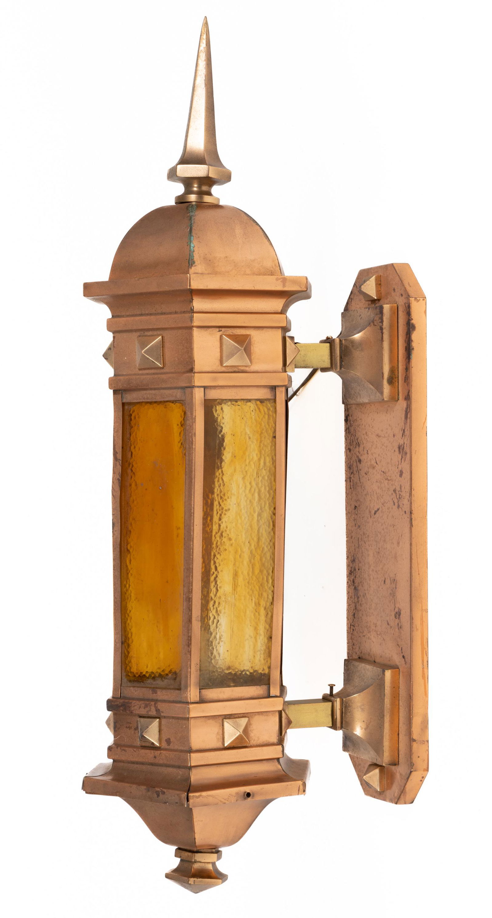 VINTAGE CHURCH GOTHIC-STYLE COPPER LIGHTING FIXTURE: VINTAGE CHURCH GOTHIC-STYLE COPPER LIGHTING FIXTURE,electric, with six amber stained glass panes, and case terminating in a spike finial.20th century.32" HOA. Provenance: Property from a Youngstown, O