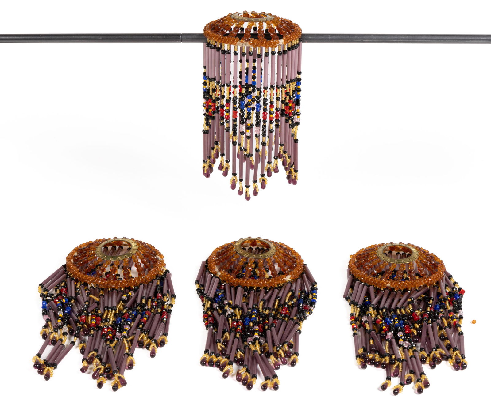 CZECHOSLOVAKIA ART-DECO BEADED FRINGE LAMP / LIGHTING HANGINGS / SHADES, SET OF FOUR (1 of 1)