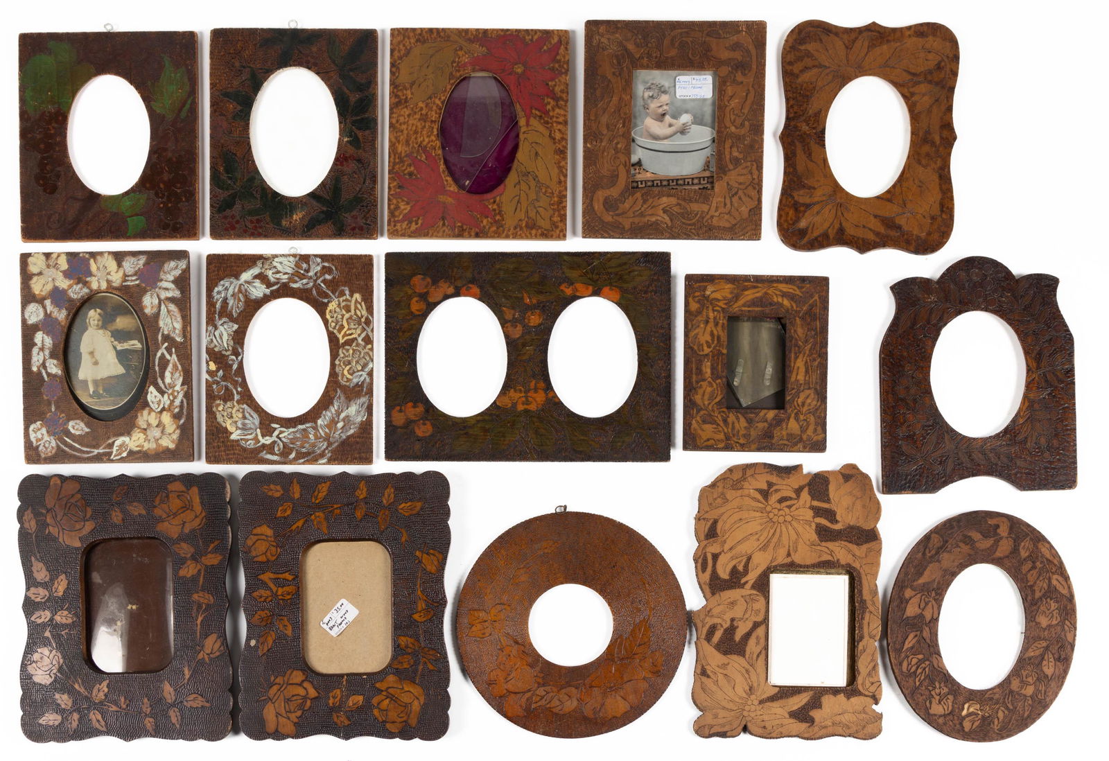 AMERICAN ARTS & CRAFTS PYROGRAPHY PICTURE FRAMES, LOT OF 15 (1 of 4)