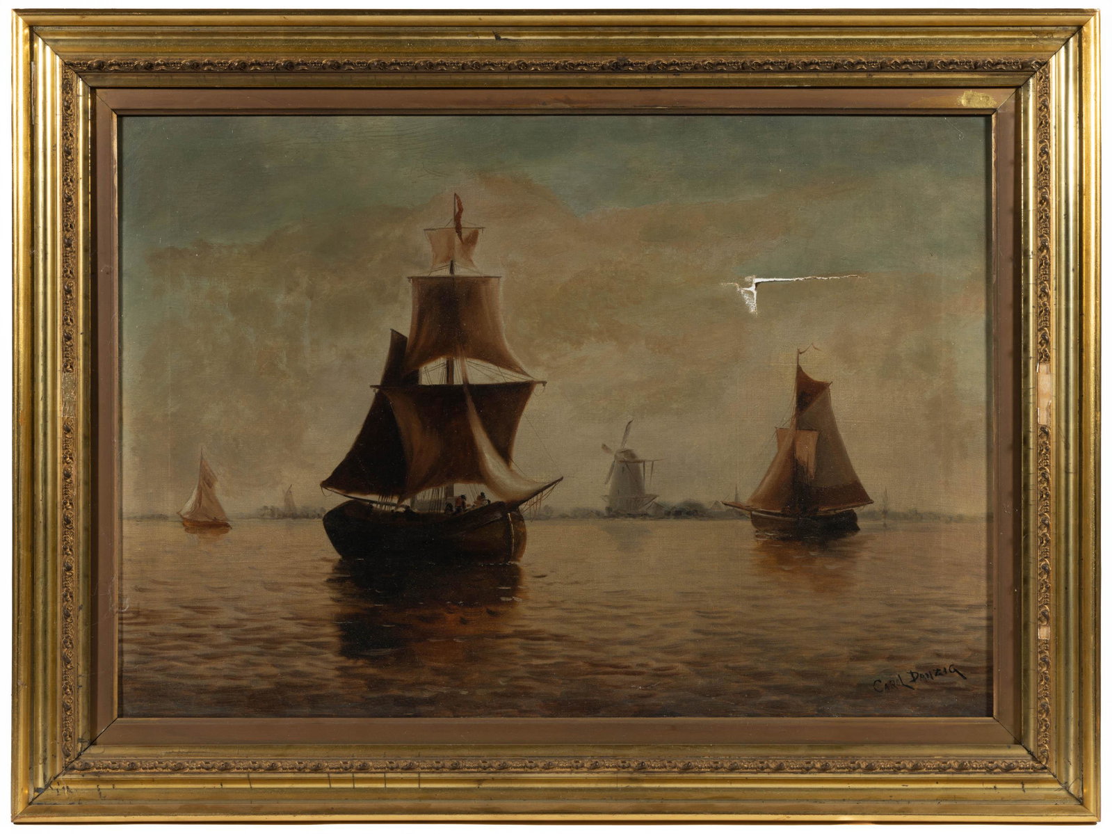AMERICAN SCHOOL (19TH CENTURY) NAUTICAL PAINTING: AMERICAN SCHOOL (19TH CENTURY) NAUTICAL PAINTING,oil on canvas,depicting ships out to sea with a harbor in the background, signed lower right "Carol Danzig". Housed in a period gilt molded frame.Fourt