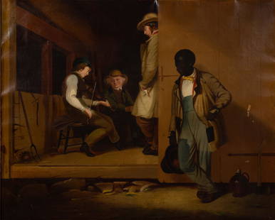 AMERICAN SCHOOL (19TH CENTURY) "THE POWER OF MUSIC" GENRE SCENE: AMERICAN SCHOOL (19TH CENTURY) "THE POWER OF MUSIC" GENRE SCENE, a fine example, after William Sidney Mount (1807-1868), depicting an African-American laborer listening just outside a barn door to a m