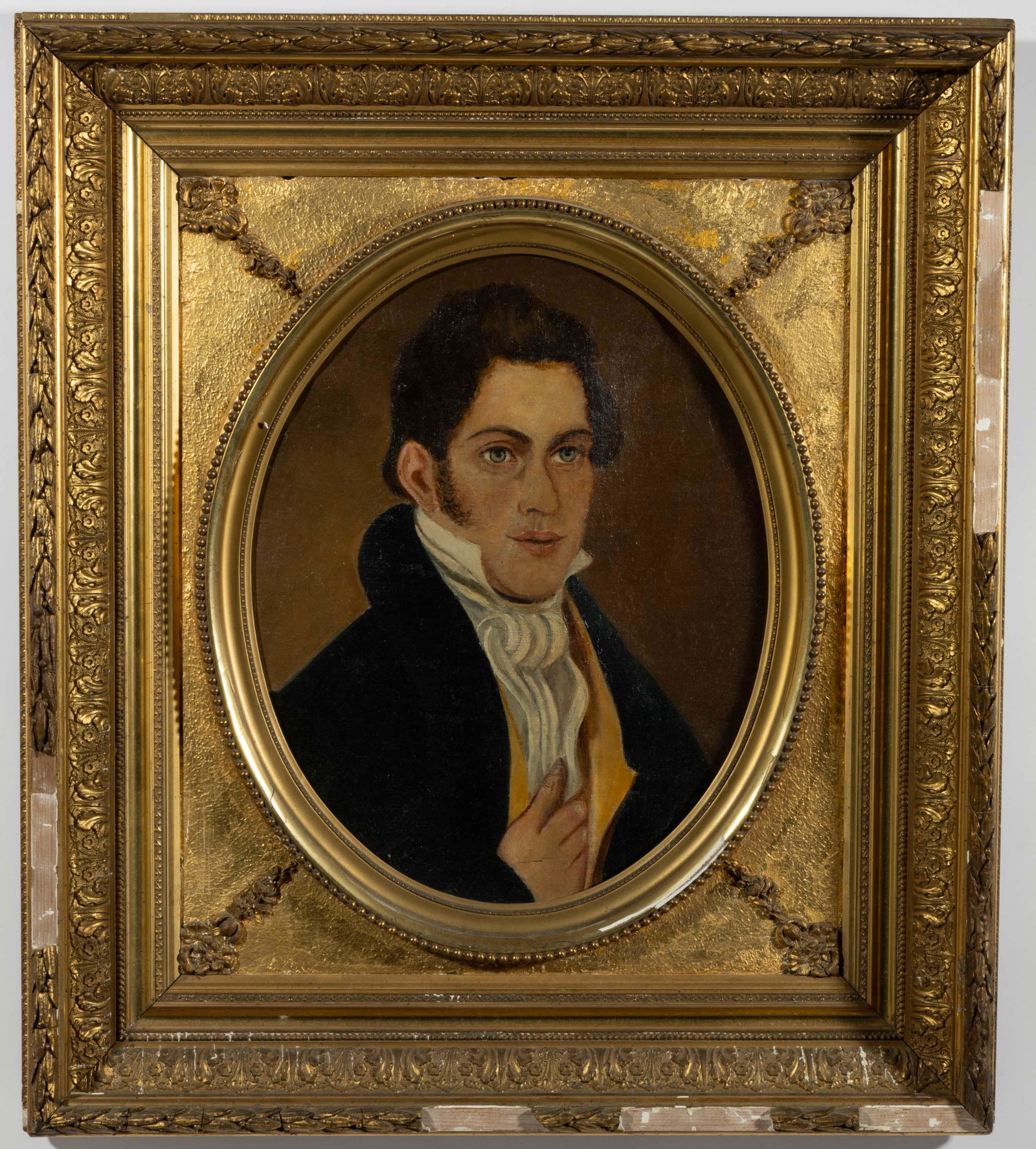 AMERICAN OR CONTINENTAL SCHOOL (19TH CENTURY) PORTRAIT OF A GENTLEMAN: AMERICAN OR CONTINENTAL SCHOOL (19TH CENTURY) FOLK ART PORTRAIT OF A GENTLEMAN,waist-length depiction of sitter with hand situated in waist coat, with illegible signature on reverse. Housed in period