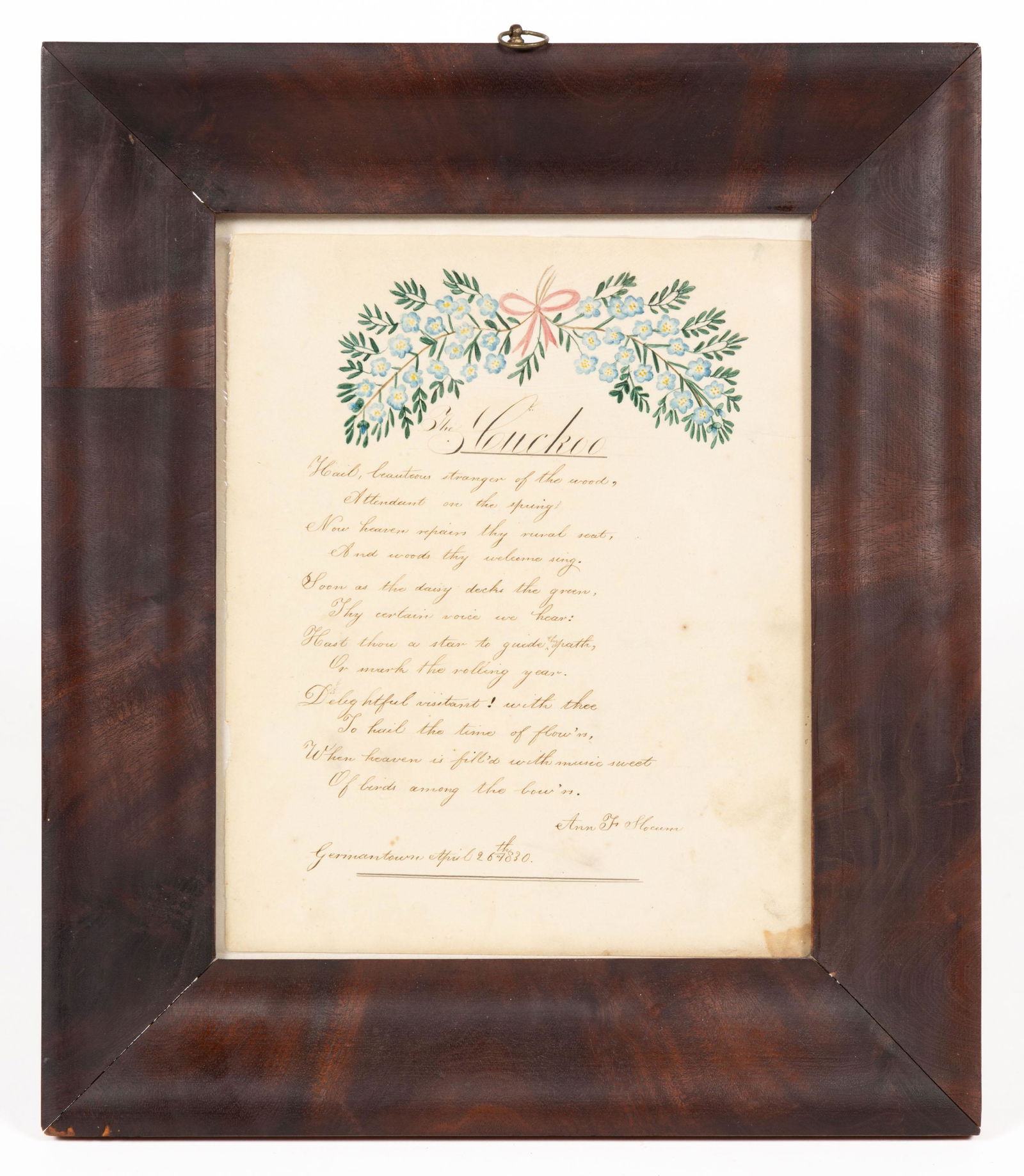 PENNSYLVANIA FOLK ART DRAWING WITH POEM: PENNSYLVANIA FOLK ART DRAWING WITH POEM, watercolor and ink on paper, a floral garland, with blue flowers and pink bow, over a finely scribed poem, titled "The Cuckoo". Signed, inscribed, and dated "A