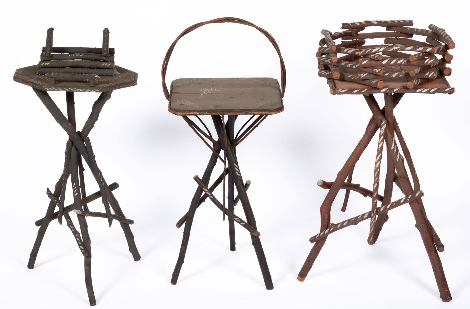 AMERICAN RUSTIC PAINT-DECORATED TWIG-STYLE STANDS, LOT OF THREE (1 of 4)