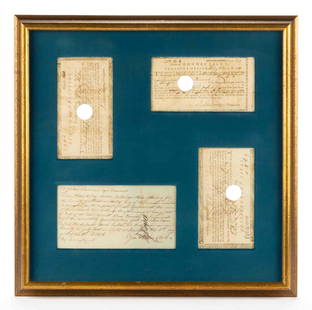 REVOLUTIONARY WAR ERA CONNECTICUT WAR BONDS: REVOLUTIONARY WAR ERA CONNECTICUT WAR BONDS,inscribed names include Edward Dunscomb, David Phelps, Salmon (Samuel) Root, Asher Miller, Richard Butler, and John Lawrence. Housed in a modern frame.Circa