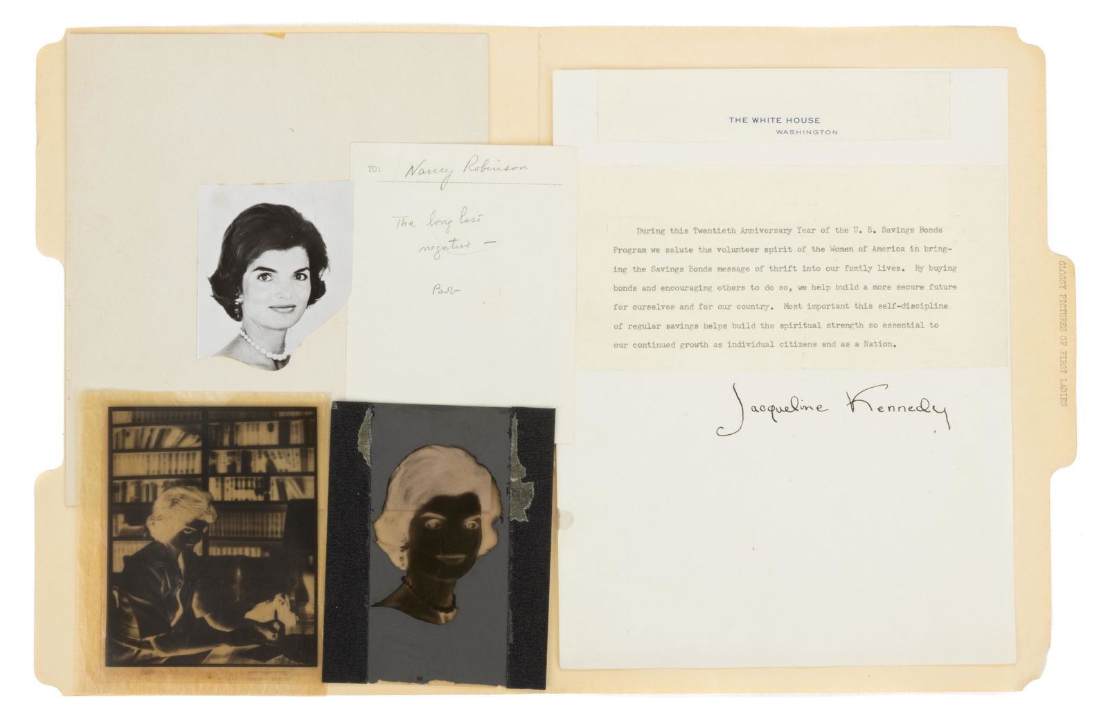 JACQUELINE KENNEDY AUTOGRAPH AND NEGATIVES, LOT OF FOUR (1 of 3)