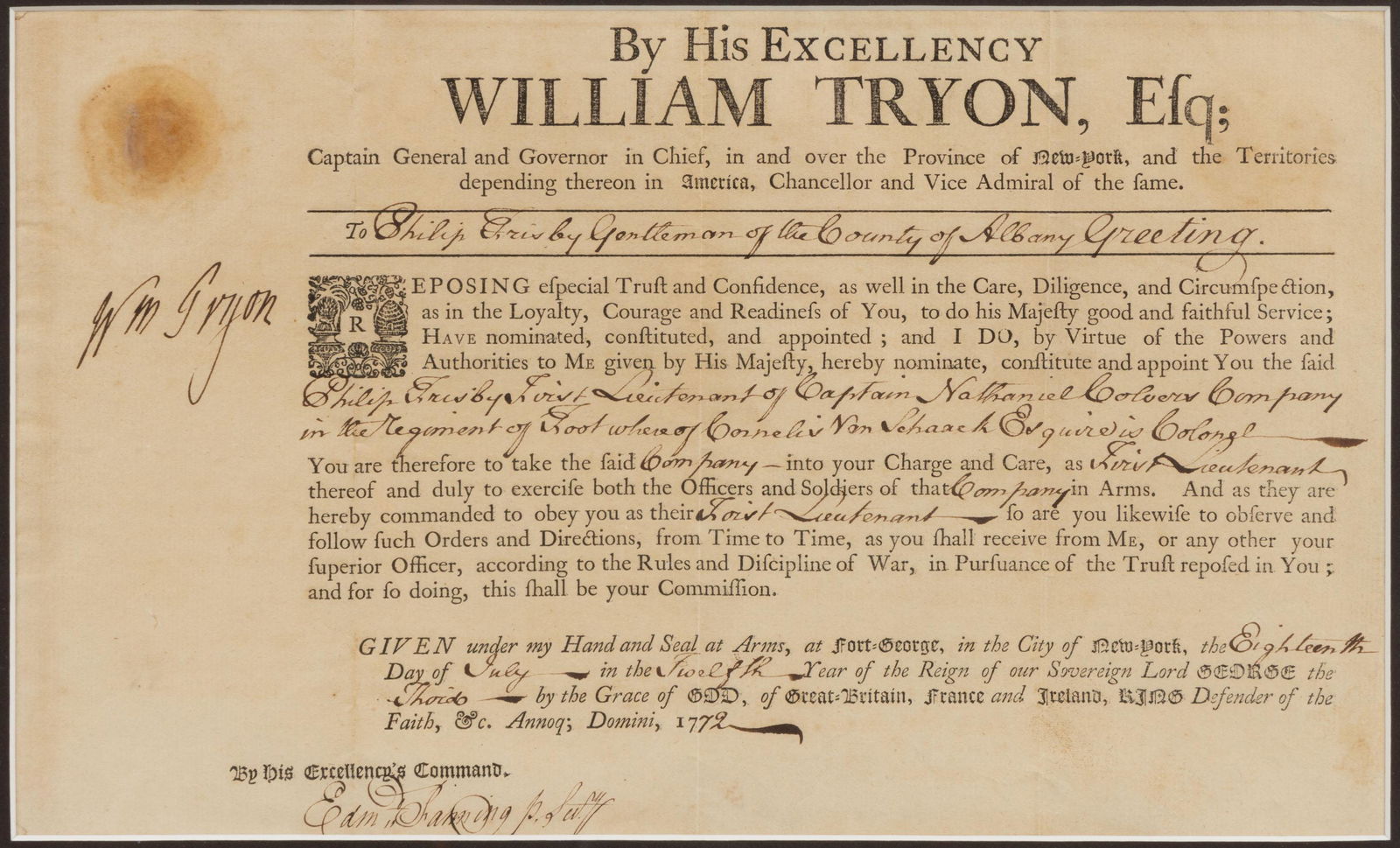 REVOLUTIONARY WAR ERA GOVERNOR WILLIAM TRYON (1729-1788) SIGNED MILITARY APPOINTMENT (1 of 2)