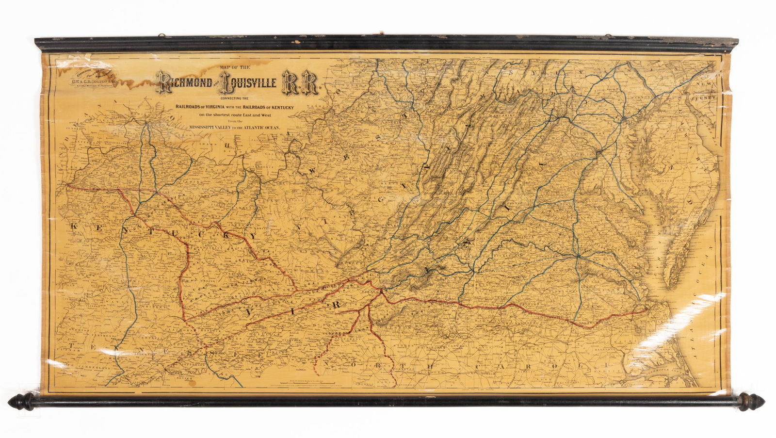 PROPOSED RICHMOND AND LOUISVILLE RAILROAD MAP: PROPOSED RICHMOND AND LOUISVILLE RAILROAD MAP,laid to linen,engraved, printed, and manufactured by "G.W. & C.B. COLTON & CO. / No. 182 William St. New York".1882.55" L (rolled). Provenance: From the e
