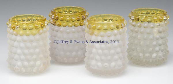 HOBBS' NO. 323 DEW DROP / HOBBS' HOBNAIL FOUR TOOTH: HOBBS' NO. 323 DEW DROP / HOBBS' HOBNAIL FOUR TOOTHPICK HOLDERS/TOY TUMBLERS, Frances decoration with satin finish, Hobbs, Brockunier & Co. Fourth quarter 19th century. 2 1/4" H. Provenance: From a pr