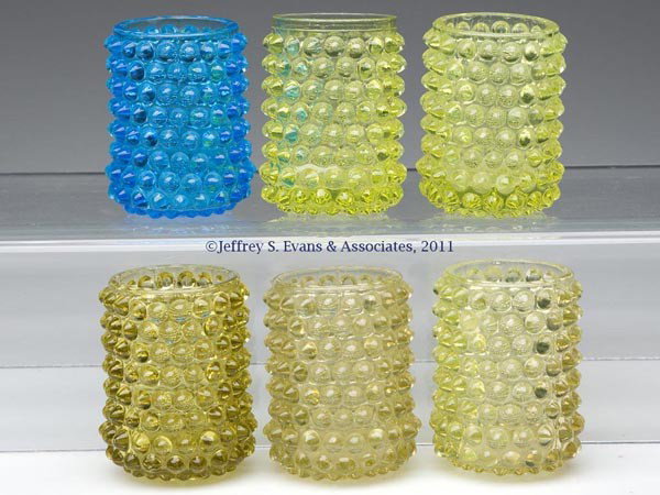 HOBBS' NO. 323 DEW DROP / HOBBS' HOBNAIL SIX TOOTHP: HOBBS' NO. 323 DEW DROP / HOBBS' HOBNAIL SIX TOOTHPICK HOLDERS/TOY TUMBLERS, Canary, Old Gold and Sapphire. Hobbs, Brockunier & Co. Fourth quarter 19th century. 2 1/4" H. Provenance: From a prominent 