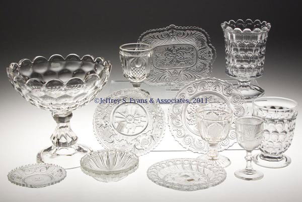VARIOUS EAPG AND LACY GLASS ARTICLES, LOT OF 12: VARIOUS EAPG AND LACY GLASS ARTICLES, LOT OF 12, colorless lead glass, including a Honeycomb open compote, wafer construction, and a Magnet and Grape Frosted Leaf egg cup. Second and third quarters 19