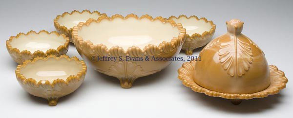 GREENTOWN NO. 400 / LEAF BRACKET TABLE ARTICLES, L: GREENTOWN NO. 400 / LEAF BRACKET TABLE ARTICLES, LOT OF SIX, chocolate, comprising a butter dish, and a five-piece berry set. Indiana Tumbler & Goblet Co. Early 20th century. 5 1/4" HOA, 7 1/4" DOA, 3