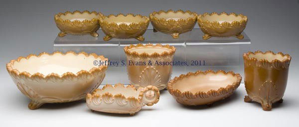 GREENTOWN NO. 400 / LEAF BRACKET TABLE ARTICLES, L: GREENTOWN NO. 400 / LEAF BRACKET TABLE ARTICLES, LOT OF NINE, chocolate, comprising a five-piece berry set, sugar bowl lacking cover, spooner, relish dish and triangular nappy. Indiana Tumbler & Goble