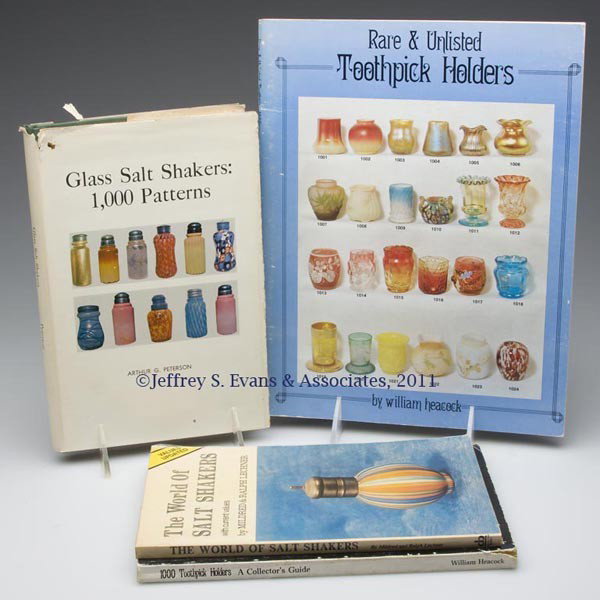 CONDIMENT AND TOOTHPICK HOLDER REFERENCE VOLUMES, : CONDIMENT AND TOOTHPICK HOLDER REFERENCE VOLUMES, LOT OF FOUR, including "Glass Salt Shakers: 1,000 Patterns", by Arthur G. Peterson, Des Moines IA: Wallace-Homestead Co., 1970. Hard cover with dust j