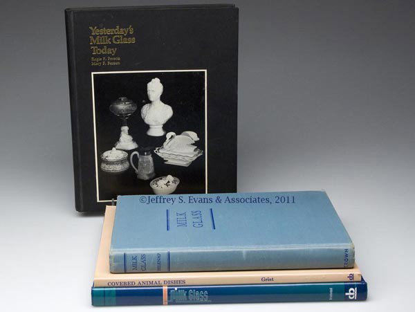 OPAQUE WHITE/MILK GLASS REFERENCE VOLUMES, LOT OF : OPAQUE WHITE/MILK GLASS REFERENCE VOLUMES, LOT OF FOUR, including "Yesterday's Milk Glass Today", Regis F. and Mary F. Ferson, Pittsburg, PA: self-published, 1981. Hard cover with price list.
