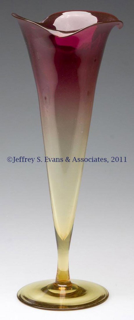 AMBERINA LILY VASE: AMBERINA LILY VASE, unpatterned, two-part construction, polished pontil mark. Possibly W. L. Libbey & Sons. Late 19th/early 20th century. 11 3/4" HOA, 4 1/2" DOA.