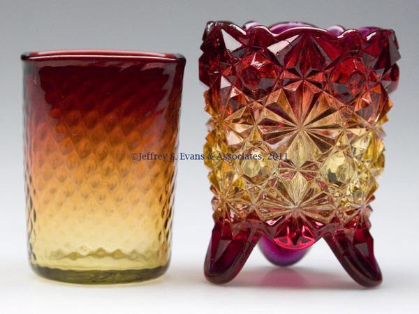 AMBERINA PATTERNED TOOTHPICK HOLDERS, LOT OF TWO: AMBERINA PATTERNED TOOTHPICK HOLDERS, LOT OF TWO, comprising a Hobbs No. 101 Daisy & Button on three feet and a Tiny Diamond-Optic with square rim and polished pontil mark. Hobbs, Brockunier & Co. and