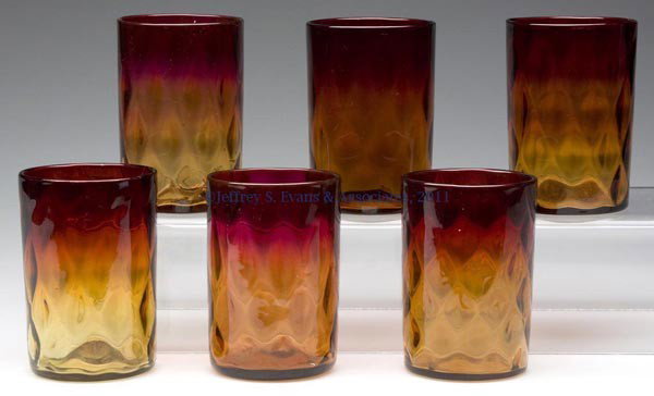 AMBERINA DIAMOND-OPTIC TUMBLERS, LOT OF SIX: AMBERINA DIAMOND-OPTIC TUMBLERS, LOT OF SIX, each with polished pontil mark. Mt. Washington Glass Co. and others. Late 19th/early 20th century. 3 3/4" H, 2 1/2" D.