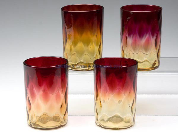 AMBERINA DIAMOND-OPTIC TUMBLERS, LOT OF FOUR: AMBERINA DIAMOND-OPTIC TUMBLERS, LOT OF FOUR, each with polished pontil mark. Mt. Washington Glass Co. and possibly others. Late 19th/early 20th century. 3 3/4" H, 2 1/2" D rim.