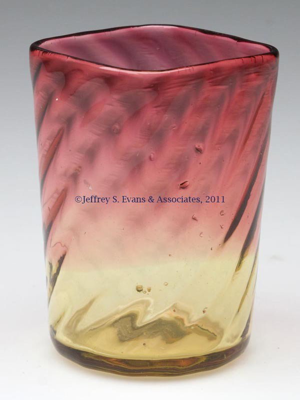 AMBERINA SWIRL-OPTIC TOOTHPICK HOLDER: AMBERINA SWIRL-OPTIC TOOTHPICK HOLDER, square rim, polished pontil mark. Mt. Washington Glass Co. and possibly others. Late 19th/early 20th century. 2 3/4" H, 1 7/8" SQ.