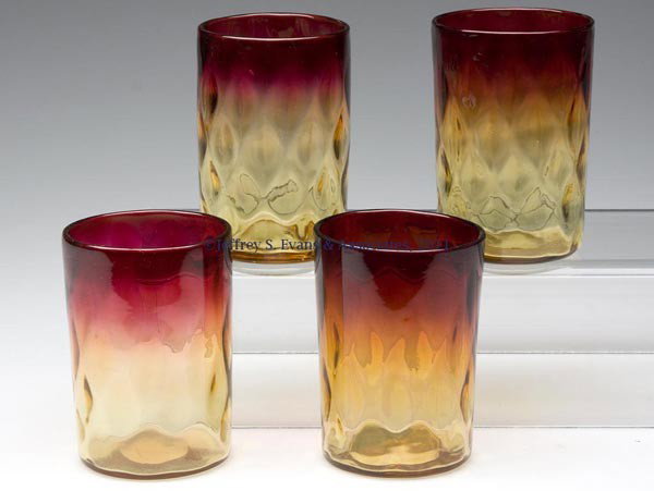 AMBERINA ELONGATED DIAMOND-OPTIC TUMBLERS, LOT OF : AMBERINA ELONGATED DIAMOND-OPTIC TUMBLERS, LOT OF FOUR, each with polished pontil mark. W. L. Libbey & Sons and others. Late 19th/early 20th century. 3 5/8" to 3 3/4" H, 2 3/8" to 2 5/8" D rim.